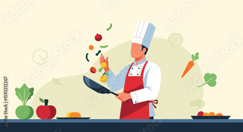 Culinary Artistry Chef Tossing Vegetables in Frying Pan Skillfully Demonstrating Cooking Technique