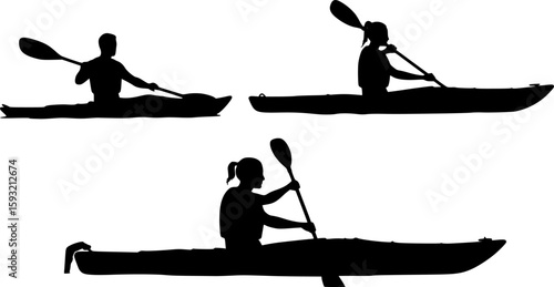 2 vector silhouettes of a male and female "flat water" kayaking together in a tandem kayak. 2 Vector Silhouettes of a man kayaking and a woman kayaking in a single	