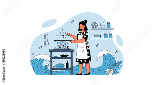 Culinary Delights A Woman Prepares A Meal In A Seafood-Inspired Coastal Kitchen
