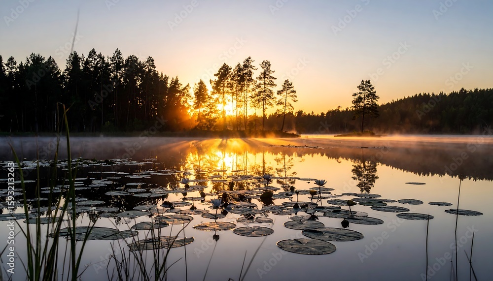 Obraz premium Sunrise over a tranquil lake (1)
