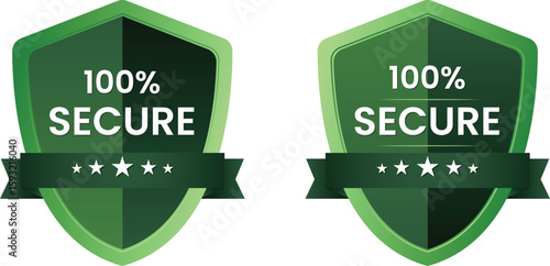 100% secure shield badge icons – green vector security labels with stars for safe payment, trusted protection, antivirus branding, and online website trust symbols.