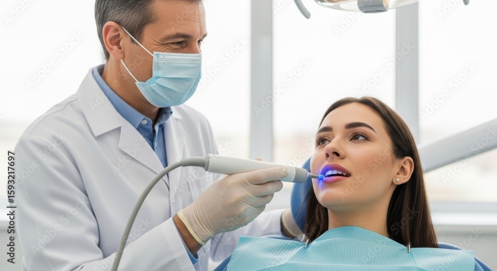 Male dentist treating female patient with dental equipment in modern clinic Male dentist treating female patient with dental equipment in modern clinic
