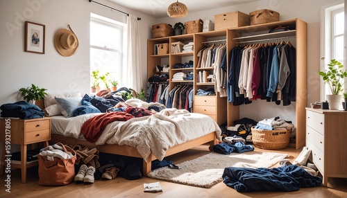 Messy bedroom with clothes and blankets