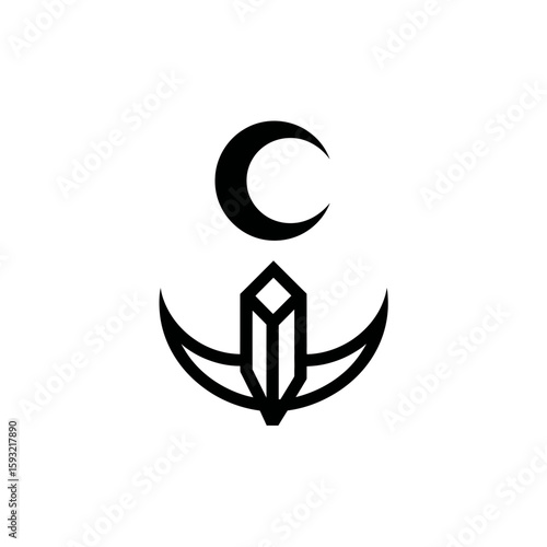 Crescent moon shines above crystal anchor design on white backdrop symbol