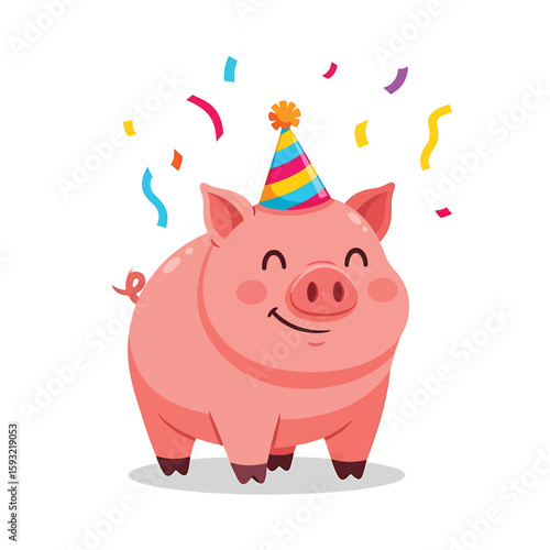 A cheerful pig celebrates with a party hat and confetti.