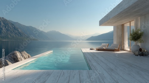 Idyllic lakeside villa with infinity pool and scenic mountain backdrop view