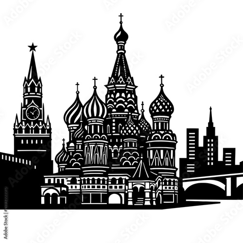 Moscow City Skyline with St. Basil's Cathedral - Famous Russian Architecture and Landmark