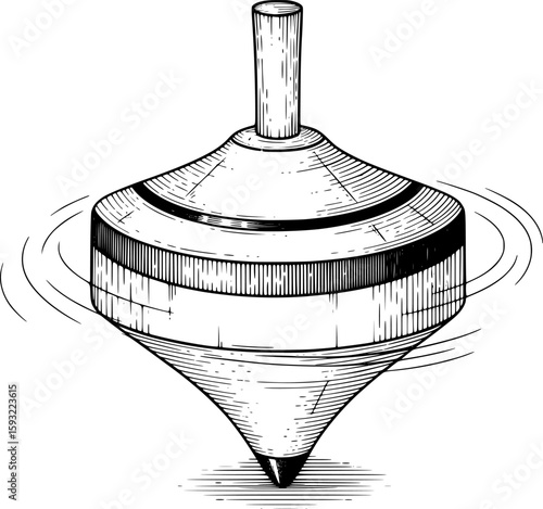 Spinning top with short handle and single engraved stripe, hand-drawn style