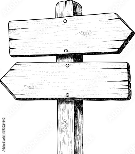 Wooden road sign with two blank planks on wooden post in rustic style, hand-drawn style