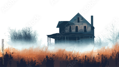 Eerie Abandoned House in Fog Artwork