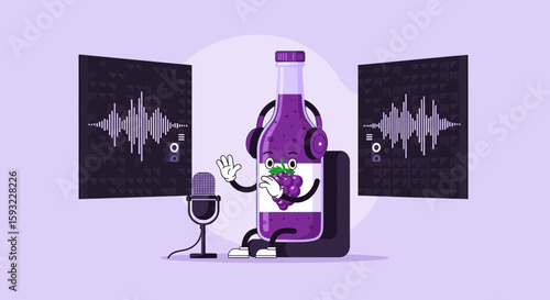 Grape Juice Bottle Mascot Recording Podcast Broadcasting In a Professional Studio