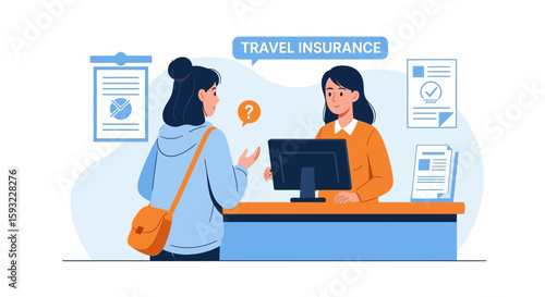 Customer Asking About Travel Insurance Policy From An Agent Illustration