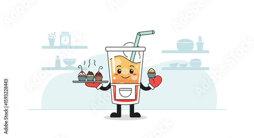 Cute Drink Character Serving Fresh Cupcakes in a Cheerful Kitchen Setting