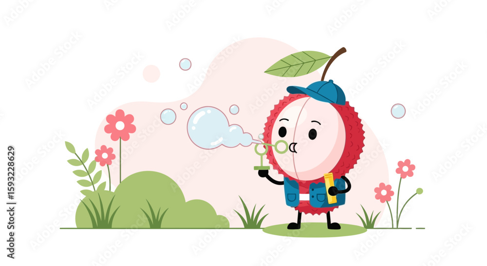 Naklejka premium Cute Lychee Character Blowing Bubbles In A Garden Under Light Pastel Background