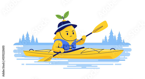 Lemon Character Paddling A Kayak Across Calm Waters With Pine Tree Scenery