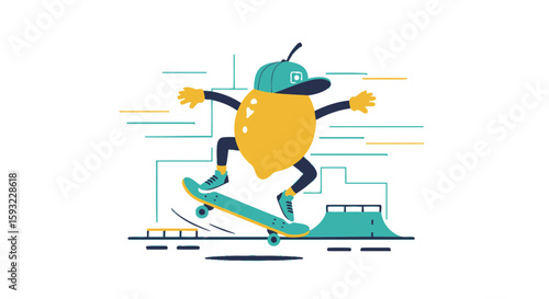 Lemon Character Riding Skateboard On Skate Park Creative Summer Activity Isolated On White