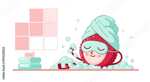 Cute Lychee Character Relaxing In A Bathtub With Bubbles Cartoon Illustration
