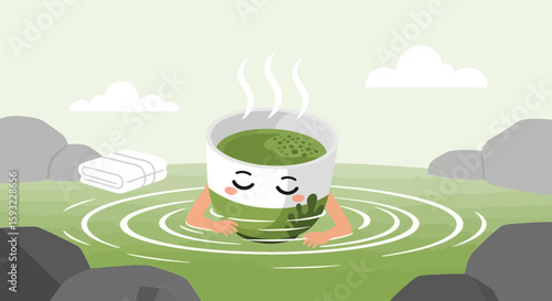Cute Matcha Cup Enjoying Hot Spring Experience For Relaxation And Self Care