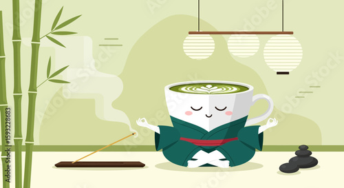 Cute Matcha Tea Meditating In Kimono With Incense And Zen Stones Illustration