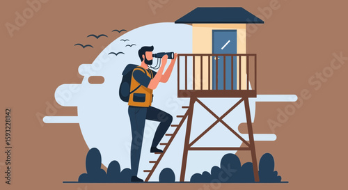 Explorer Ascending Lookout Tower Searching For Distant Horizons Adventure Awaits