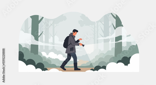 Explorer Man With Flashlight Walks In Mysterious Foggy Forest
