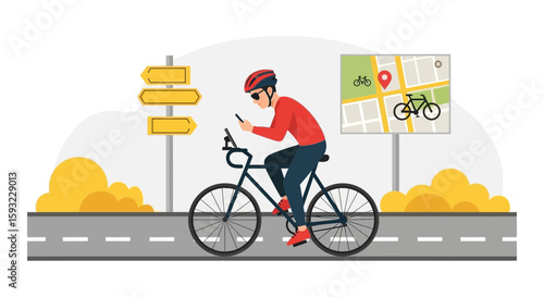 Cyclist Checks His Phone While Riding With Bicycle On A Bike Path Or Bike Lane