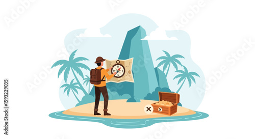 Explorer Navigating Tropical Island With Treasure Map Seeking Hidden Wealth