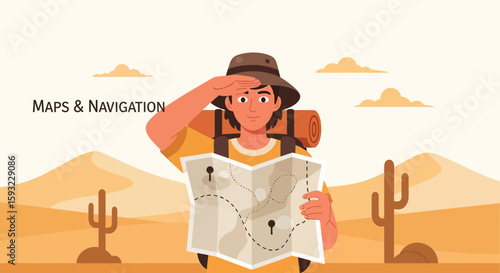 Explorer Navigating Through Desert Landscape Using Old Map