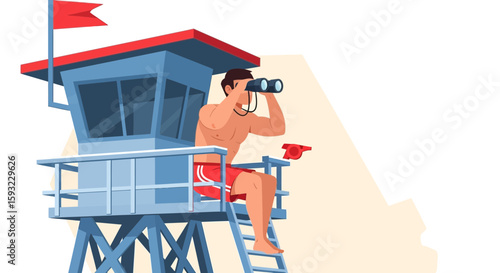 Lifeguard On Duty With Binoculars At Beach Saving Water Safety Concept