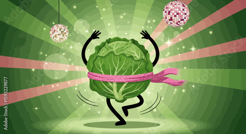 Groovy Green Cabbage Jives At Retro Disco Party Celebrating Healthy Eating