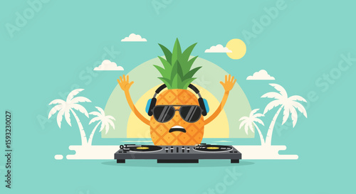 Groovy Pineapple Dj Mixing Music On Tropical Beach Vacation Party Cartoon Character