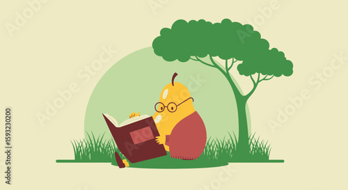 Literate Pear Enjoying A Book Underneath A Verdant Tree In The Meadows