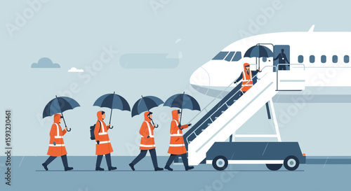 Ground Crew Escorting Passengers In The Rain Off Plane Safety First Illustration