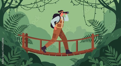 Exploring The Untamed: Adventurer On A Wooden Suspension Bridge Amidst Jungle Foliage