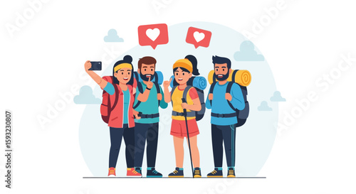 Group Of Adventurous Friends Capturing Memories During A Joyful Hiking Trip