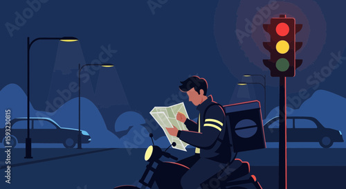 Lost Delivery Driver Navigating City Streets With Road Map At Night