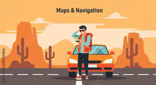 Lost Explorer Finding Direction Using Mobile Device In Arid Desert Adventure