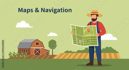 Lost Farmer Orienting Himself Using a Farm Map On Rural Field