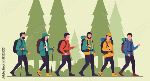 Group Of Friends Hiking In The Mountains With Backpacks Together