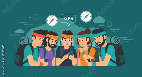 Group Of Friends Navigate Hiking Trail With Gps Using Mobile Phone And Compasses