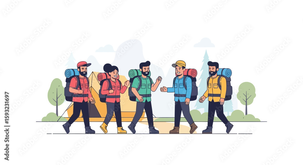 Fototapeta premium Group Of Hikers On Adventure Together Exploring Nature And Enjoying Outdoor Trip