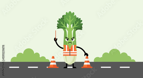 Grumpy Celery Crossing Guard Directing Traffic With Cones On A Busy Street