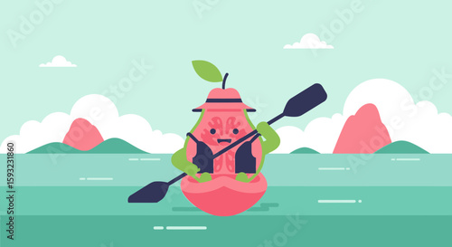 Guava In Kayak Cartoon Adventure, Tropical Fruit Summer Outdoor Activity Design