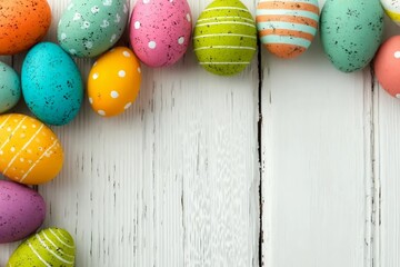 Colorful Easter egg corner border against a white wood background