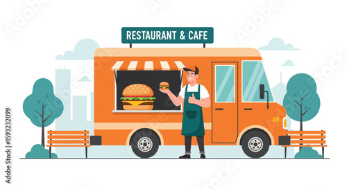 Delicious Burgers Offered By Cheerful Food Truck Vendor In Urban Park Setting