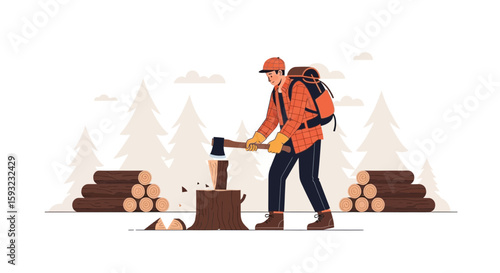 Lumberjack In The Forest Chopping Wood With An Axe In Winter