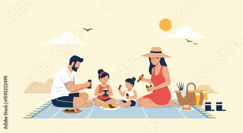 Family Enjoying Delicious Treats Together During A Summer Beach Picnic