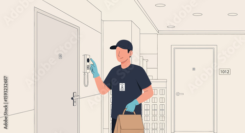 Delivery Courier At The Door In Apartment Building Using Intercom System