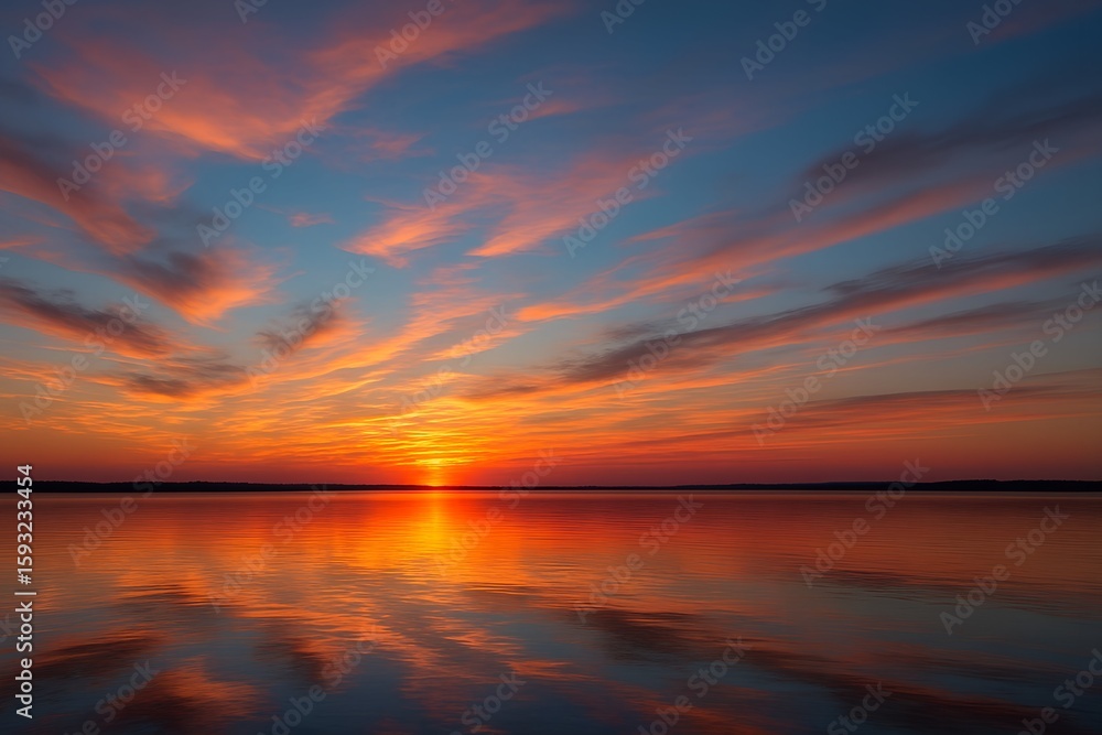 Fototapeta premium Blazing Sunset Over Calm Waters A Symphony of Colors in the Sky and its Reflection