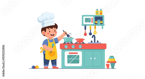Happy Boy Playing Chef With Toy Kitchen And Pretending to Cook Food